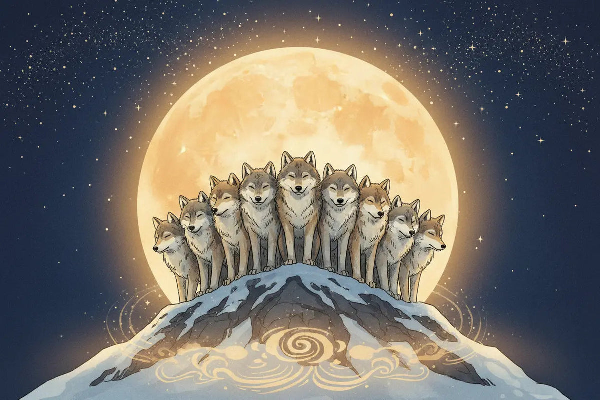 A wolf pack standing together under a glowing full moon, symbolizing community and belonging