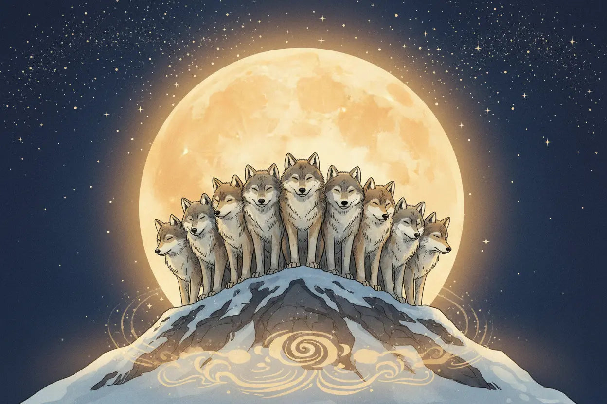 A wolf pack standing together under a glowing full moon, symbolizing community and belonging