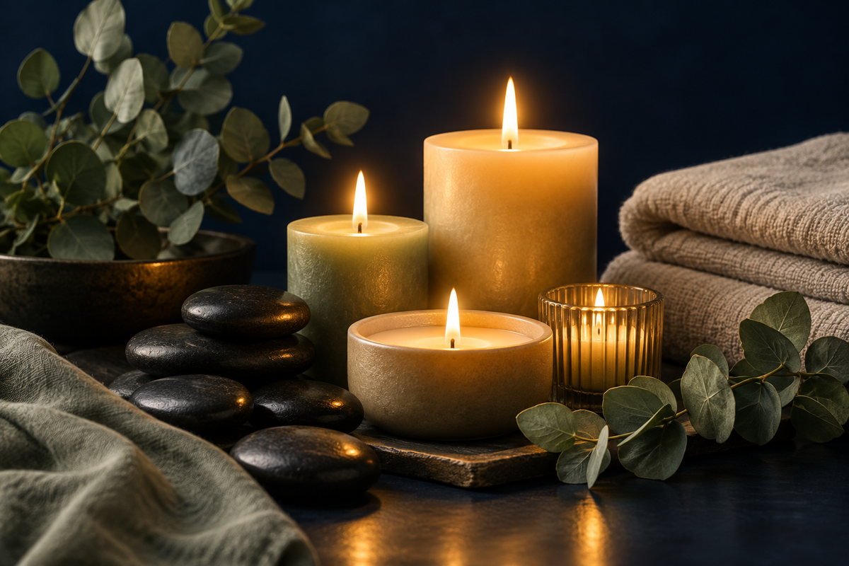 Still-life candle and hot stone spa scene, no people