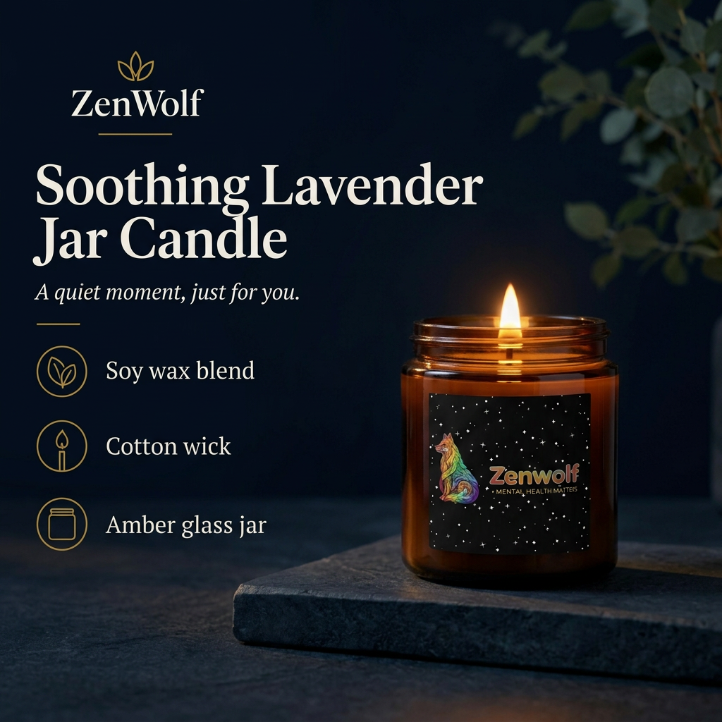 Darker ZenWolf candle image with navy background and warm gold accents