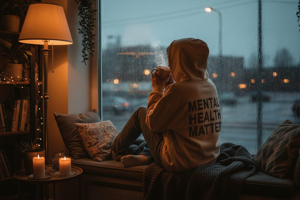 Person wearing Mental Health Matters hoodie at a cozy window seat with warm mug, amber light, wellness lifestyle