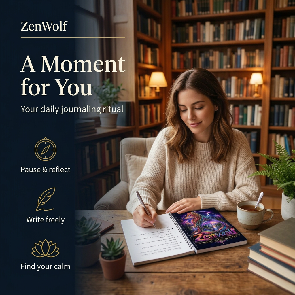 Refined ZenWolf journal image with smooth navy styling and elegant gold callouts