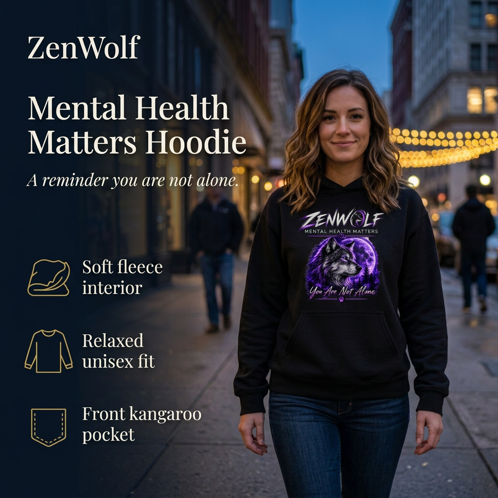 ZenWolf hoodie city lifestyle image with title and features on the left