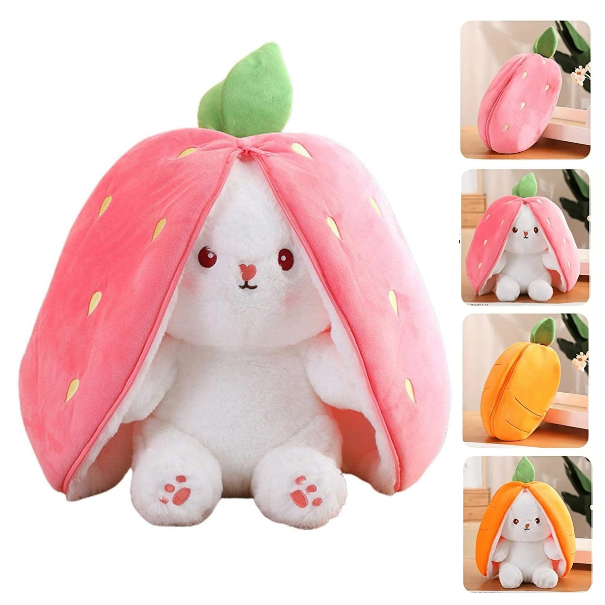 "Reversible strawberry bunny plush infographic showing its bunny and strawberry forms, facial details, soft texture, and zippered transformationẠại "Reversible strawberry bunny plush infographic showing its bunny and strawberry forms, facial details, soft texture, and zippered transformationẠại
