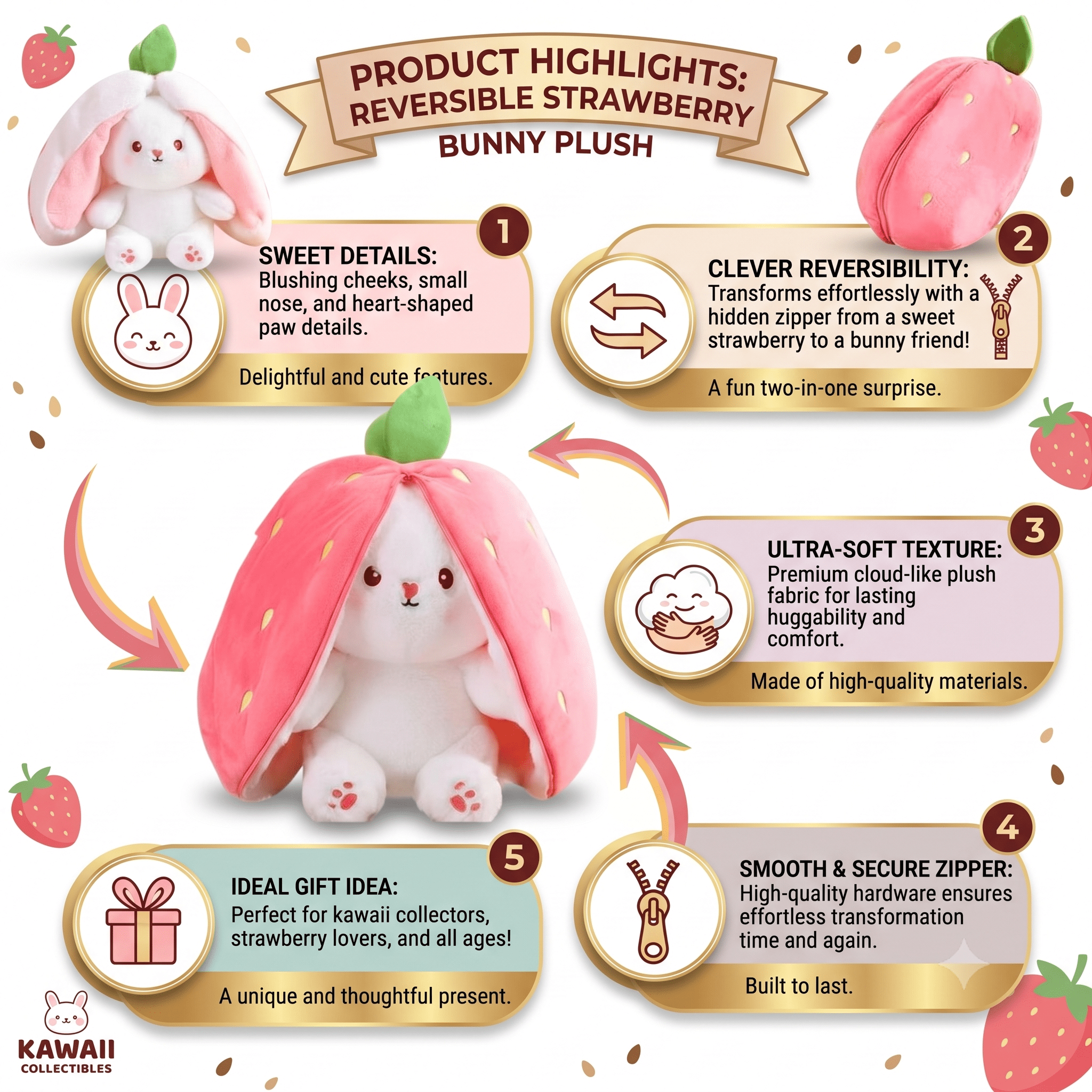 Reversible Strawberry Bunny Plush Toy Soft Polyester Stuffed Animal for Kids Hide and Seek Transforming Toy – Image 2 | ZenWolf Wellness