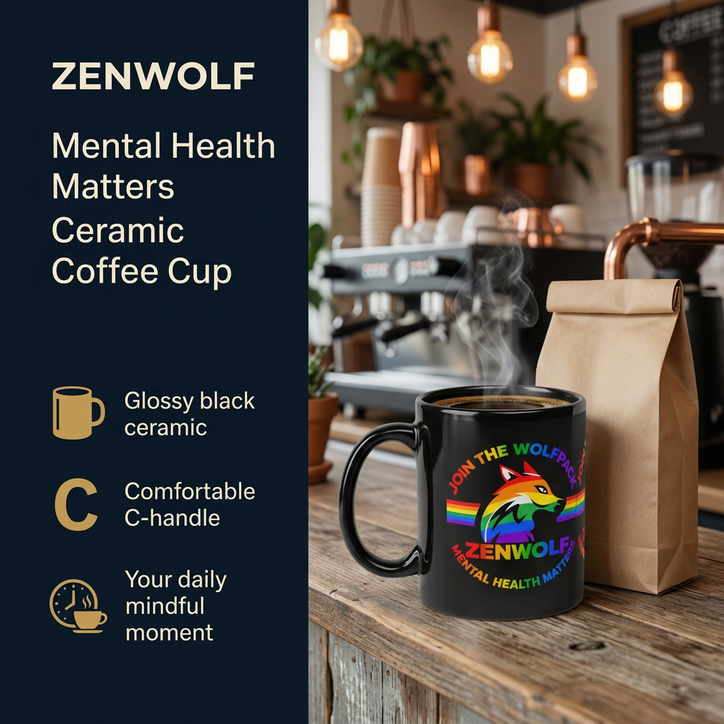 ZenWolf steaming rainbow wolf mug beside a coffee bag inside a cozy coffee shop